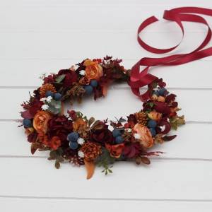 Rust burgundy blue flower crown. Hair wreath with baby's breath. Flower girl crown. Wedding flowers. 5399