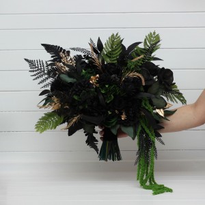 Moody forest green black gold bridal bouquet. Faux dark flowers  for Halloween or Gothic wedding. 5333
