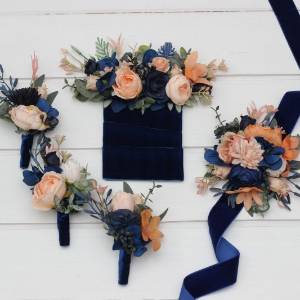  Wedding boutonnieres and wrist corsage  in a peach and navy blue color scheme. Flower accessories. 5408