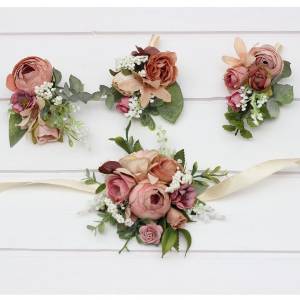  Wedding boutonnieres and wrist corsage  in dusty rose oliva beige brown color scheme. Flower accessories. 5409