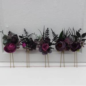  Set of  5 hair pins in black, purple, and magenta color scheme. Flower hair pins. Bridesmaid gift.  5370