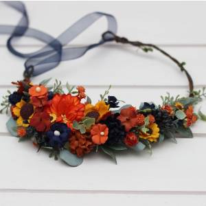 Burnt orange rust navy blue  flower crown with sunflowers. Hair wreath. Flower girl crown. Wedding flowers. 5410