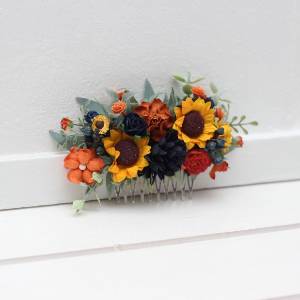 Flower comb in burnt orange rust navy bluecolor scheme. Wedding accessories for hair. Bridal flower comb. Bridesmaid floral comb. 5410