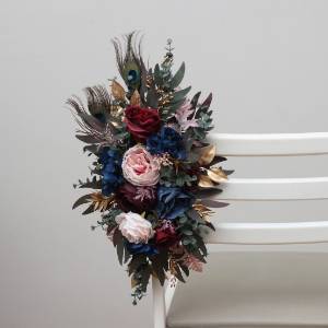 Aisle flowers in burgundy navy blue gold pink color scheme with peacock feathers. Chair flowers. Sign flowers. Marker wedding flowers. Flowers for wedding decor. 5221