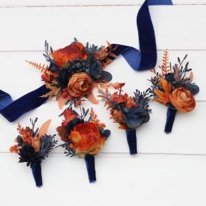  Wedding boutonnieres and wrist corsage  in navy blue rust  color scheme. Flower accessories. 5219