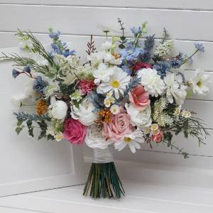 Wildflowers bridal bouquet. Faux flowers for wedding. White, dusty blue and pink wedding. Bridesmaid bouquet. 5415