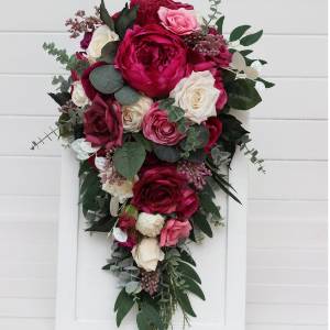  Cascading bouquet in berry tones, magenta and ivory. Faux wedding bouquet.  Bridesmaid bouquet. 5419