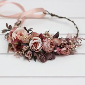 Beige brown mocha mousse burgundy flower crown. Hair wreath for flower girl.  Wedding flowers. 5215