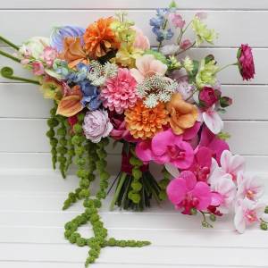 Bright summer bouquet with orchids and amaranth. Bridal colorful wedding bouquet. Faux  wedding blooms. 5413