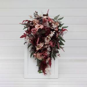 Cascading wedding wouquet in burgundy, dusty rose, and blush pink  colors. Artificial bridal blooms. Bridesmaid bouquet . 5256