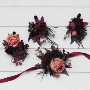  Moody wedding  in purple, black, and dusty rose. Set of boutonnieres and wrist corsage.   