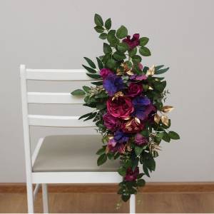 Aisle flowers in jewel tone scheme. Purple magenta and gold hair flowers. Sign flowers. Marker flowers. Flowers for wedding decor. 5273 Aisle flowers in jewel tone scheme. Purple magenta and gold hair flowers. Sign flowers. Marker flowers. Flowers for wedding decor. 5273