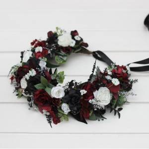 Gothic flower crown. Burgundy black green white silver hair wreath. Flower girl crown. Wedding flowers. 5211