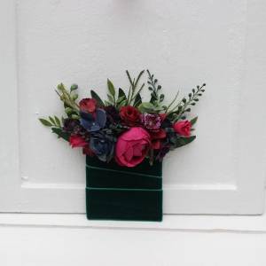 Pocket boutonniere in jewel tone color scheme. Flower accessories. Pocket flowers in navy blue,magenta, fuchsia, purple, and emerald green colors. Square flowers. 5416