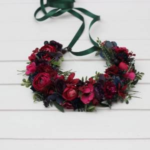Hair wreath in navy blue,  magenta, fuchsia, purple, and emerald green colors. Bridal  flower crown. Flower girl crown. Wedding flowers.5416