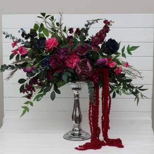 Standing flowers in navy blue, magenta, fuchsia, purple, and emerald green color scheme. Aisle flowers. Wedding decoration for stand. 5416 Standing flowers in navy blue, magenta, fuchsia, purple, and emerald green color scheme. Aisle flowers. Wedding decoration for stand. 5416