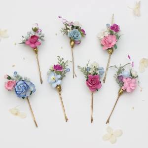  Set of  7 hair pins. Colorful flower bobby pins. Faux wedding hair accessories in dusty blue, magenta, pink and white colors. 5422  