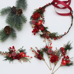 Christmas flower crown in red, gold, green, burgundy colors. Winter crown with cones and berries. Flower girl crown. 5426