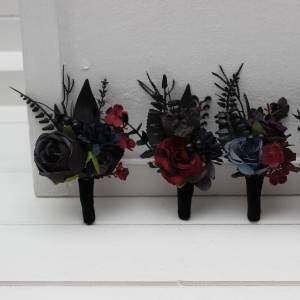  Wedding boutonnieres  in dark moody theme. Gothic flower accessories in purple black blue burgundy colors. 5429