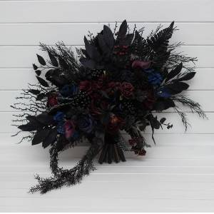 Gothic bouquet for alternative wedding. Purple black blue burgundy bridal and bridesmaid bouquet. Halloween wedding. Dark moody artificial flowers. 5429
