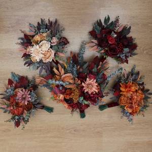 Single color bridesmaid bouquet in Rust, burgundy orange and cinnamon.  One-color faux flowers for autumn wedding. 0033