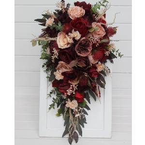 Cascading bridal bouquet in red, burgundy, dusty rose and peach tones. Faux flowers for fall weddings. 0501