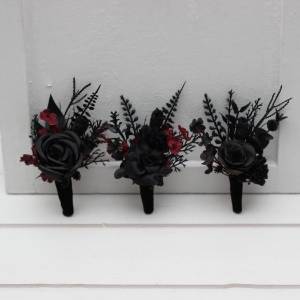 Burgundy & Black Wedding Boutonnieres. 5451