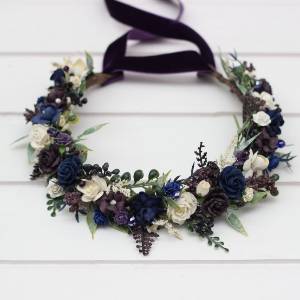 Plum, Ivory & Navy Blue Flower Crown. 5450