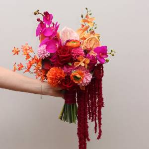 Alternative Diagonal Wedding Bouquet in Orange, Magenta, Pink & Red. 5457