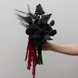 Asymmetrical Black Bouquet with Cascading Burgundy Amaranth. 5456