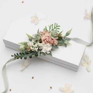 Floral Corsage In Sage Green & Blush Pink , Prom Bracelet 5423