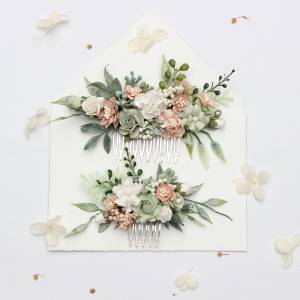 Sage Green & Blush Pink Floral Combs . Wedding Accessories for hair. 5423