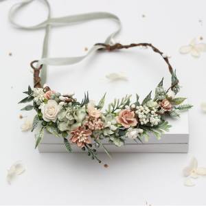 Sage Green & Blush Pink Flower Crown. Hair Wreath. 5423