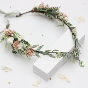 Sage Green & Blush Pink Flower Circlet, Elven Floral Crown. 5423