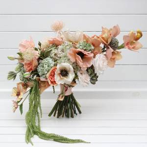 Peach, Blush Pink & Sage Green Asymmetrical Bridal Bouquet.  5469