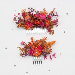 Orange & Magenta flower hair combs. 5470