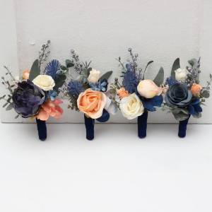 Navy Blue Coral Ivory Wedding Boutonnieres. 5084