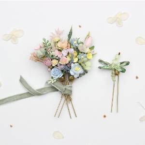  Set of 6 Hair Pins & Dragonfly Pin. Pastel Wildflower Headpieces. 5478
