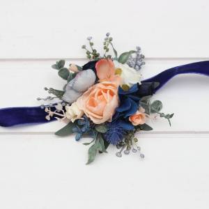 Navy Blue Coral Ivory Wedding Wrist Corsage. Prom Flower Bracelet. 5084