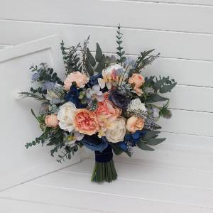 Navy Blue, Coral & Ivory Wedding Bridal and Bridesmaids Bouquets. 5084