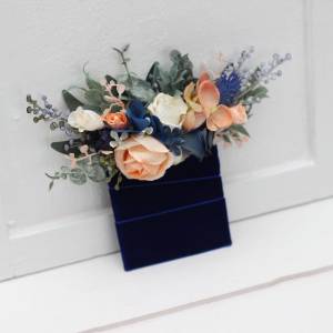 Navy Blue, Coral & Ivory Pocket Flowers. Pocket Boutonniere. 5084