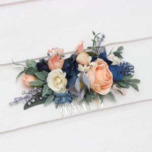 Navy Blue Coral Ivory Flower Comb. Bridal Flowers. 5084