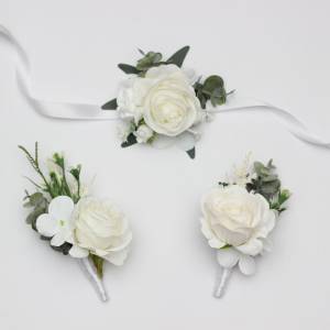 Ivory White Wedding Corsage and Boutonniere, Classic Bridal Accessories. 5479