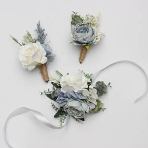 Dusty Blue, White & Green Wedding Corsage and Boutonnieres. 5480