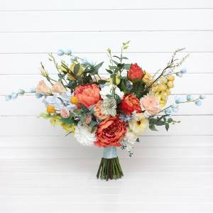 Bright Colorful  Wildflower Wedding Bouquet in Peach, Dusty Blue, Coral, Yellow & Ivory 5485