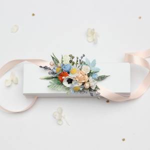 Peach, Dusty Blue & Ivory Wildflowers Wrist Corsage  5424