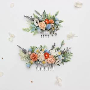 Peach, Dusty Blue & Ivory Wildflowers Flower Combs. Wedding Hair Accessories. 5424