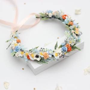 Peach, Dusty Blue & Ivory Wildflowers Flower Crown. Flower Girl Headband. 5424