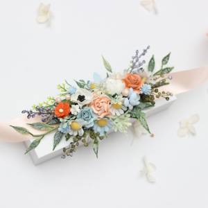 Wildflowers Peach, Dusty Blue & Ivory Wedding Flower Belt. Flower Girl Sash 5424