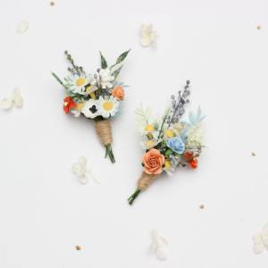 Peach, Dusty Blue & Ivory Boutonnieres 5424